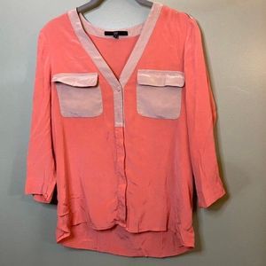 Tibi Coral and Tan Silk Pocket Blouse XS